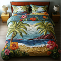 Coastal Bliss Bedspread quilted 3-piece bedding set on a made bed with two matching pillow shams