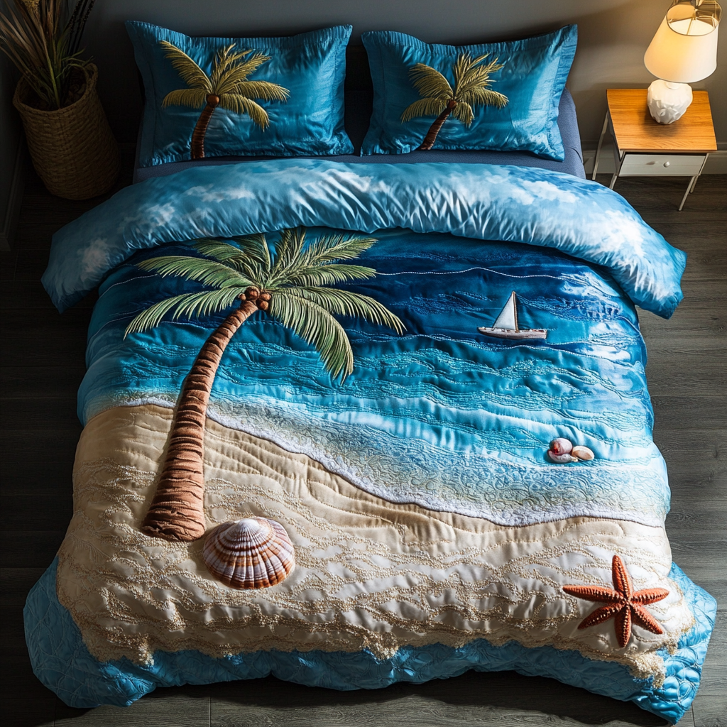 Coastal Bliss Bedspreads quilted 3-piece bedding set on a made bed with two matching pillow shams