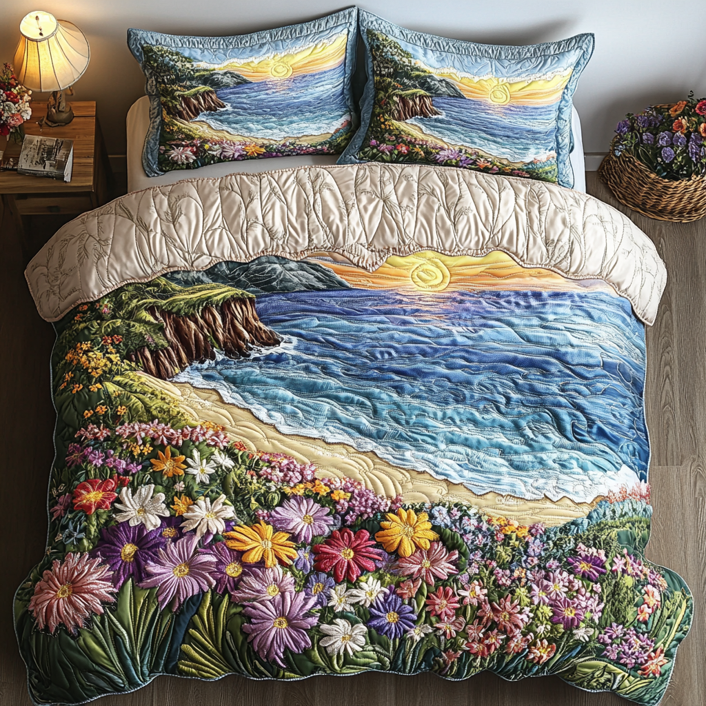 Coastal Calm quilted 3-piece bedding set on a made bed with two matching pillow shams