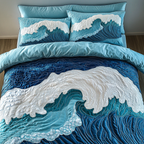Coastal Current quilted 3-piece bedding set on a made bed with two matching pillow shams