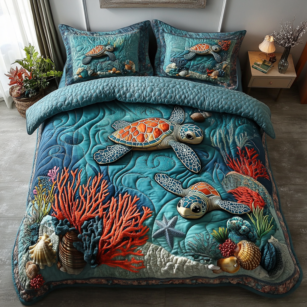 Coastal Wanderer Sea Turtle quilted 3-piece bedding set on a made bed with two matching pillow shams