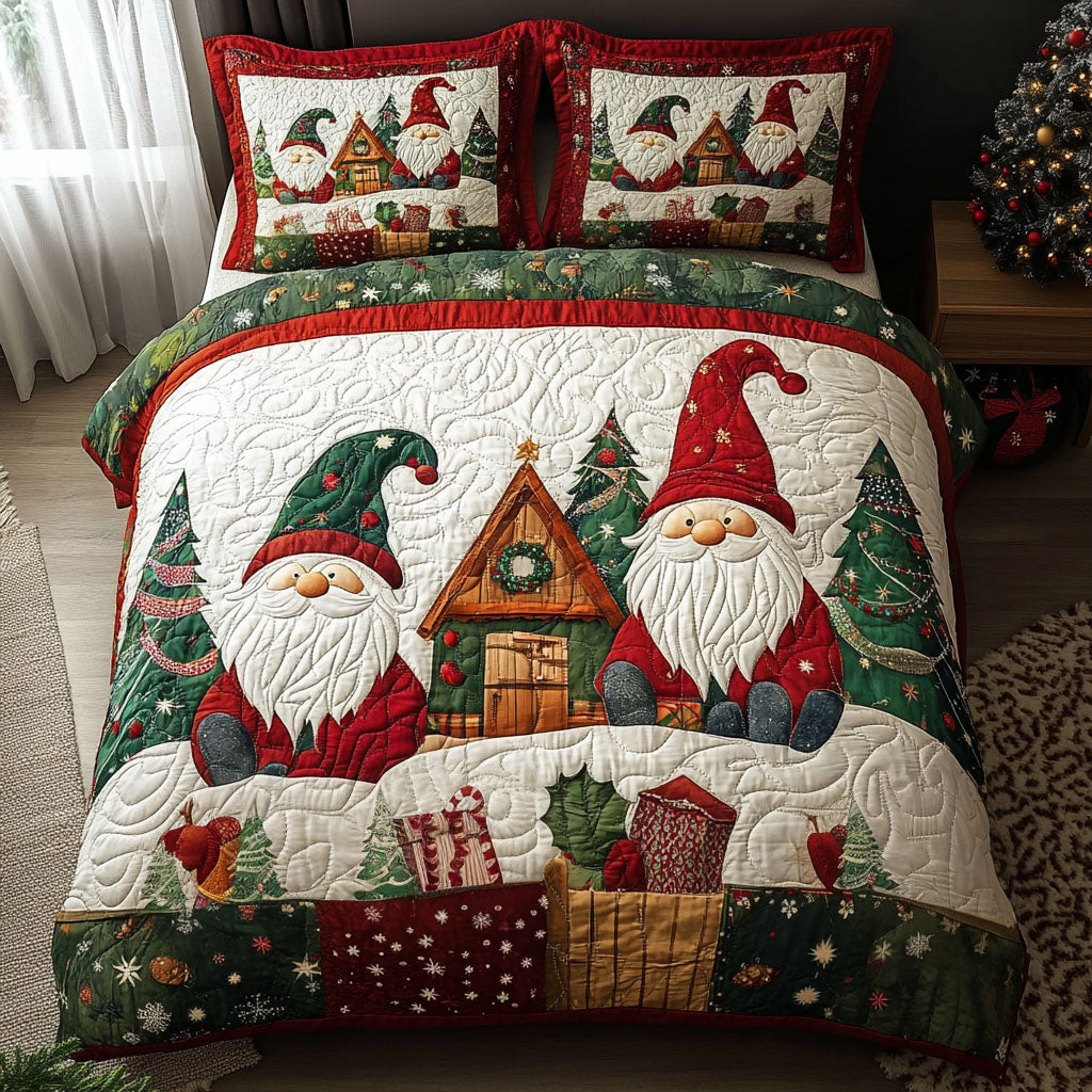 Cocoa Whiskers quilted 3-piece bedding set on a made bed with two matching pillow shams