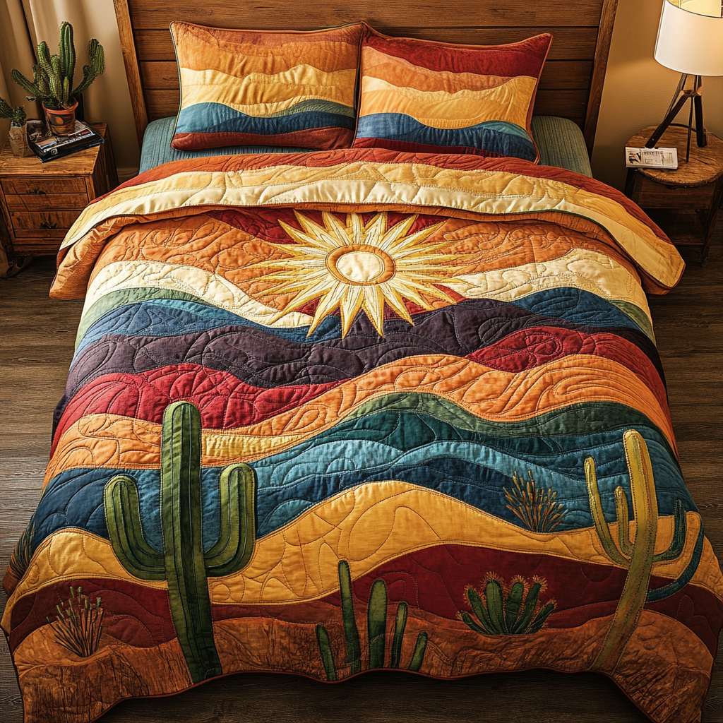 Colorful Cactus Desert quilted 3-piece bedding set on a made bed with two matching pillow shams