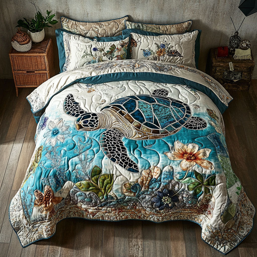 Coral Currents quilted 3-piece bedding set on a made bed with two matching pillow shams