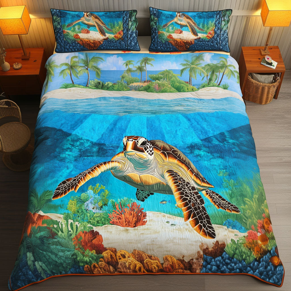 Coral Pathway quilted 3-piece bedding set on a made bed with two matching pillow shams