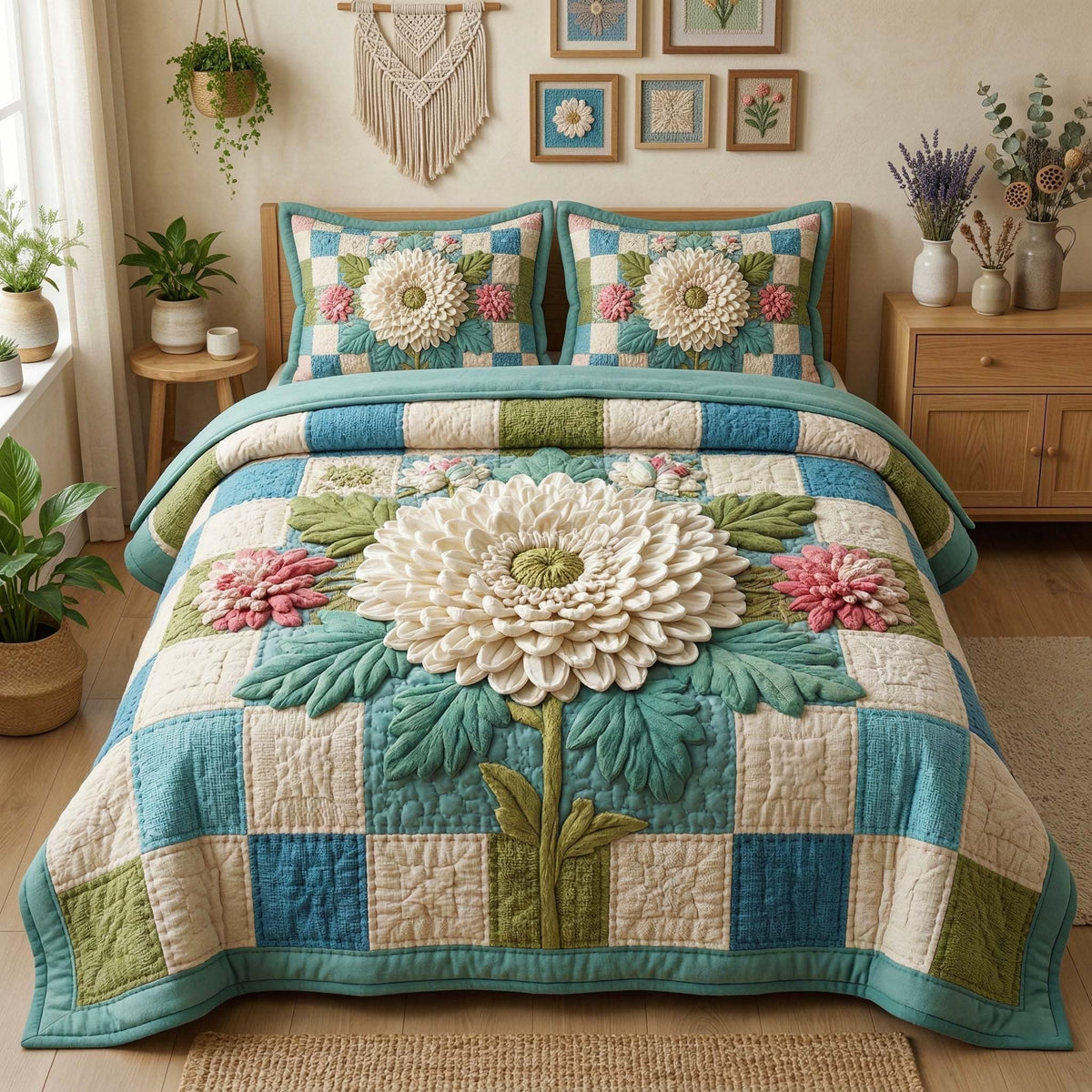 Cottage Bloom quilted 3-piece bedding set on a made bed with two matching pillow shams