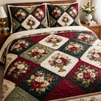 Cottage Charm quilted 3-piece bedding set on a made bed with two matching pillow shams
