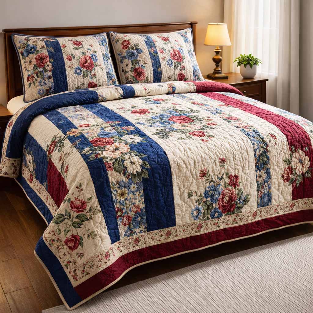 Cottage Stripe quilted 3-piece bedding set on a made bed with two matching pillow shams