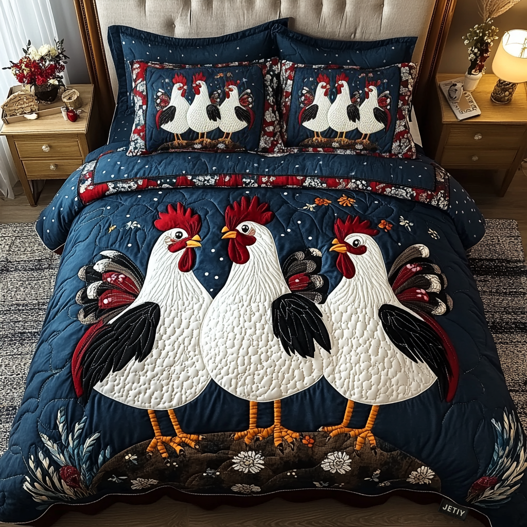 Country Chickens quilted 3-piece bedding set on a made bed with two matching pillow shams