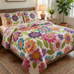Country Flowers Haven quilted 3-piece bedding set on a made bed with two matching pillow shams