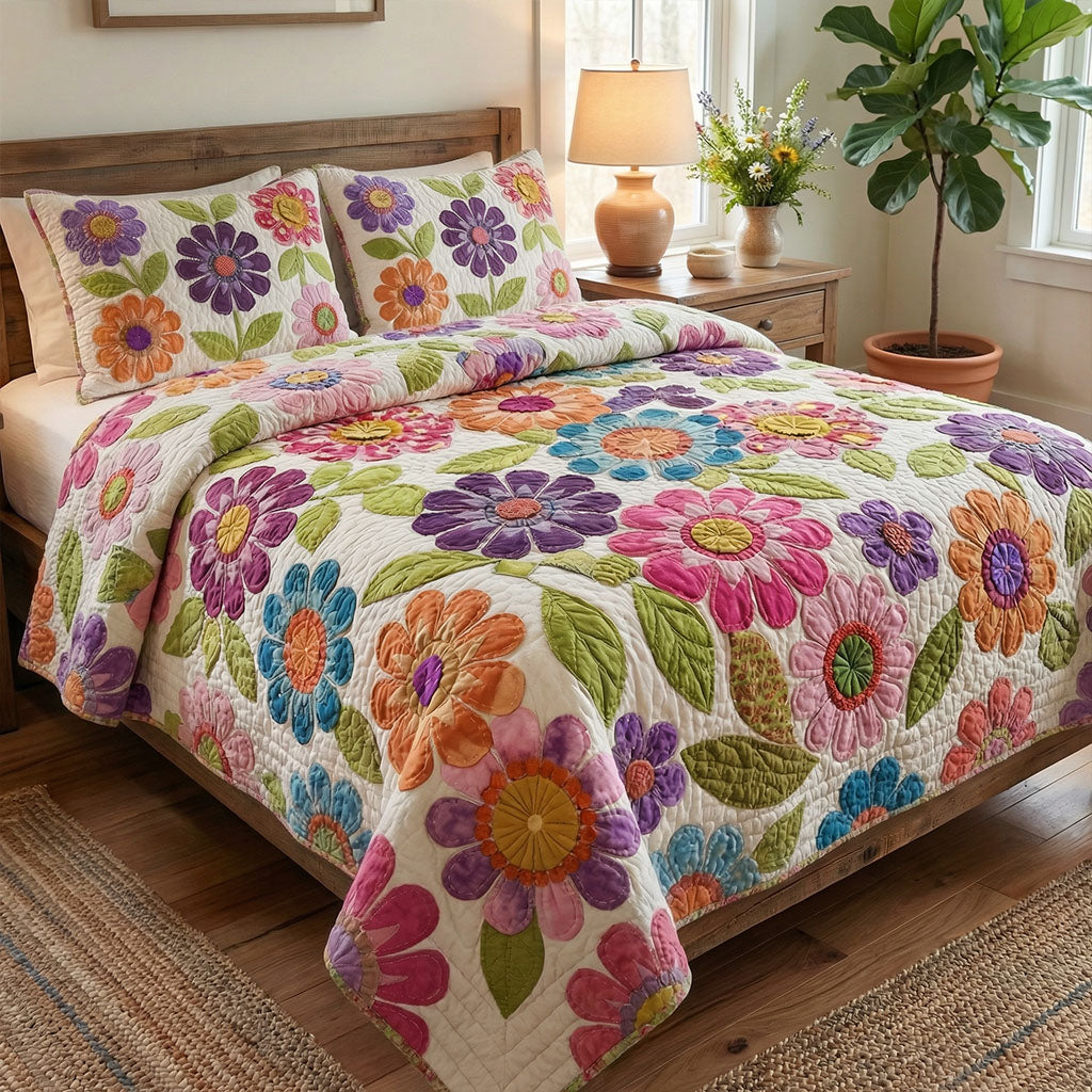 Country Flowers Haven quilted 3-piece bedding set on a made bed with two matching pillow shams