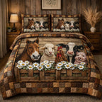 Country Meadow Friends quilted 3-piece bedding set on a made bed with two matching pillow shams