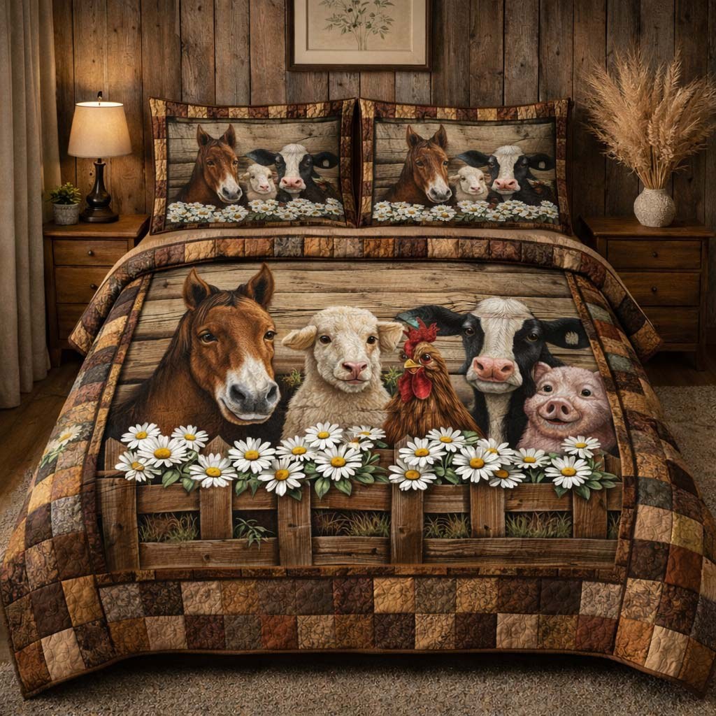 Country Meadow Friends quilted 3-piece bedding set on a made bed with two matching pillow shams