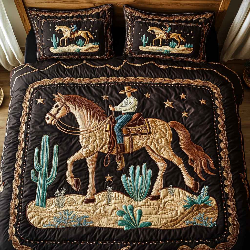 Cowboy Comfort Bedspread quilted 3-piece bedding set on a made bed with two matching pillow shams