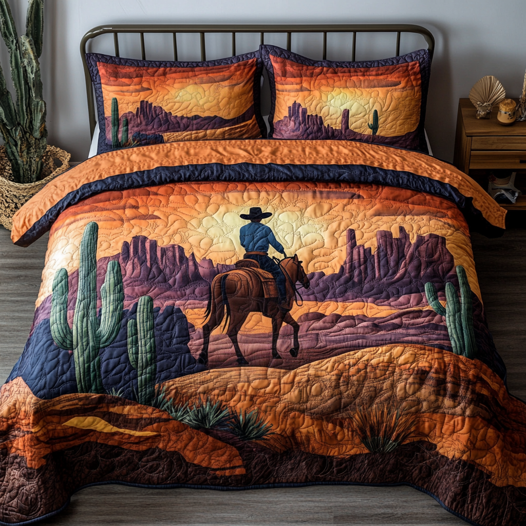 Cowboy Dream Desert quilted 3-piece bedding set on a made bed with two matching pillow shams