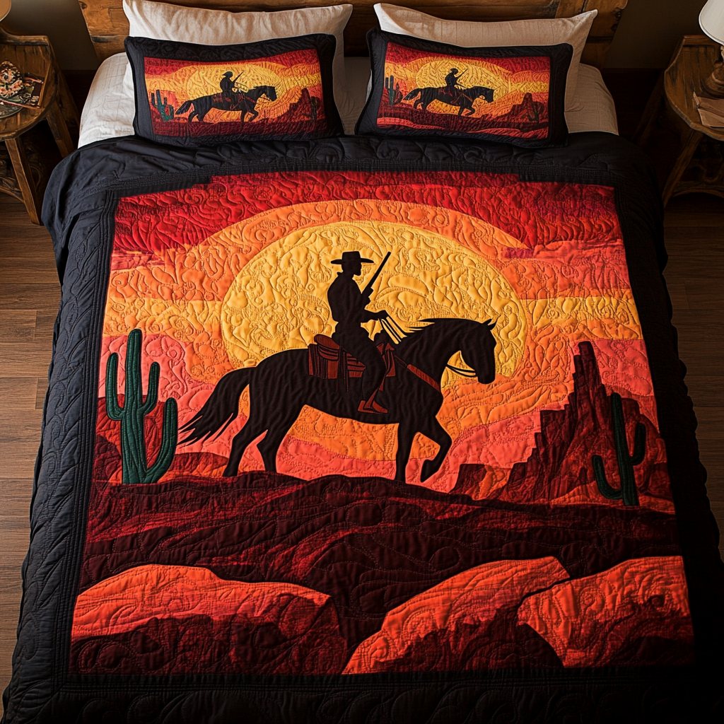 Cowboy Dreams quilted 3-piece bedding set on a made bed with two matching pillow shams