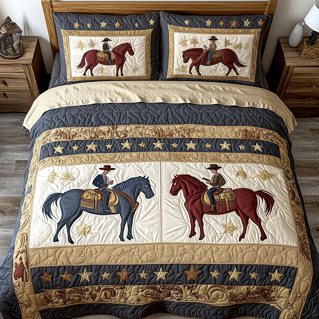 Cowboy Elegance quilted 3-piece bedding set on a made bed with two matching pillow shams