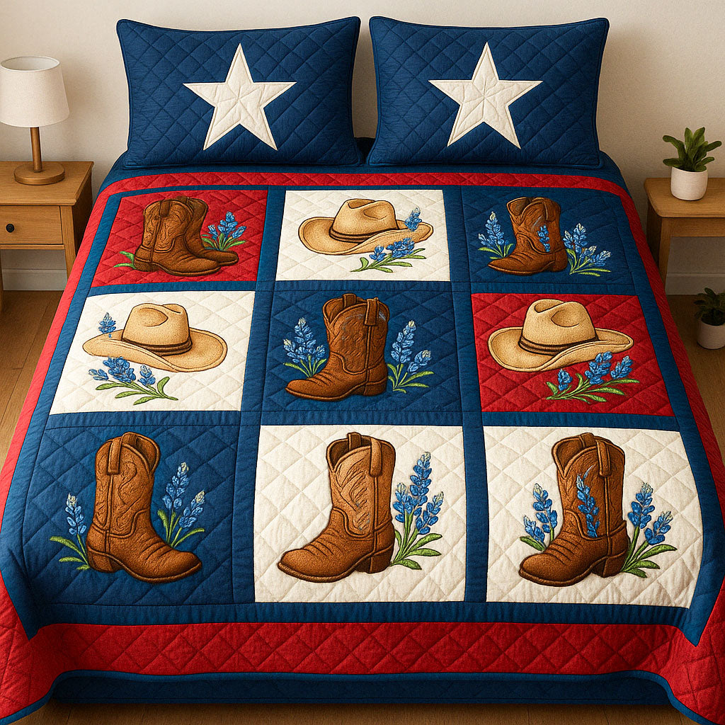 Cowboy Essence quilted 3-piece bedding set on a made bed with two matching pillow shams