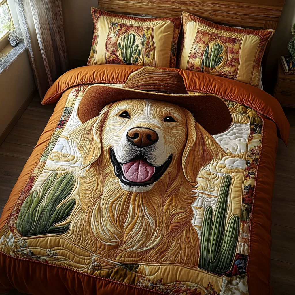 Cowboy Pup quilted 3-piece bedding set on a made bed with two matching pillow shams
