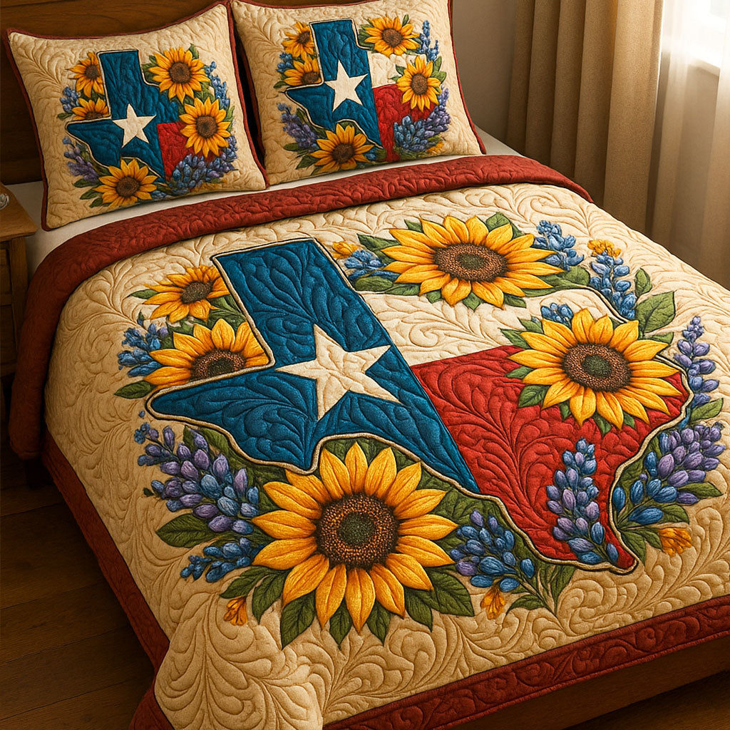 Cowboy State quilted 3-piece bedding set on a made bed with two matching pillow shams