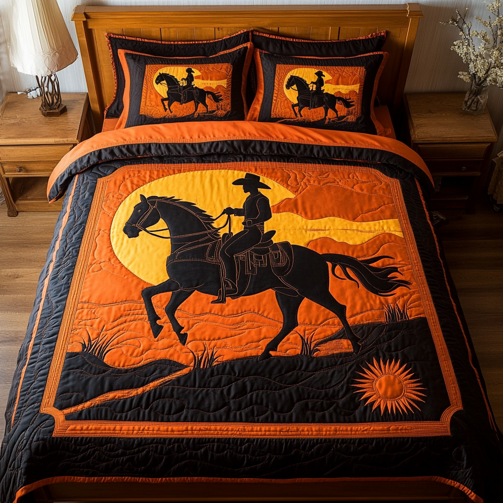 Cowboy Sunset Bedspread quilted 3-piece bedding set on a made bed with two matching pillow shams