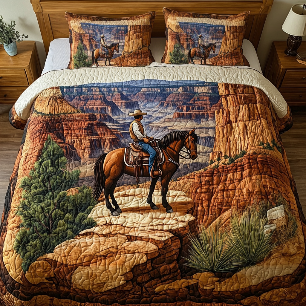 Cowboy Trail Desert quilted 3-piece bedding set on a made bed with two matching pillow shams