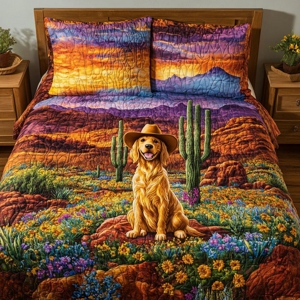 Cowpoke Cuddles quilted 3-piece bedding set on a made bed with two matching pillow shams