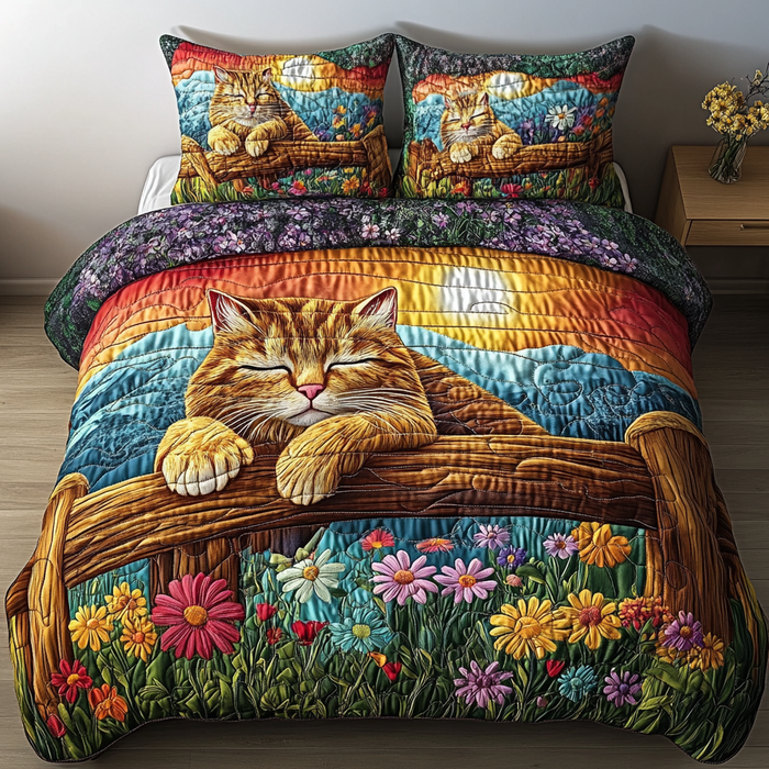 Cozy Catnap Meadow quilted 3-piece bedding set on a made bed with two matching pillow shams