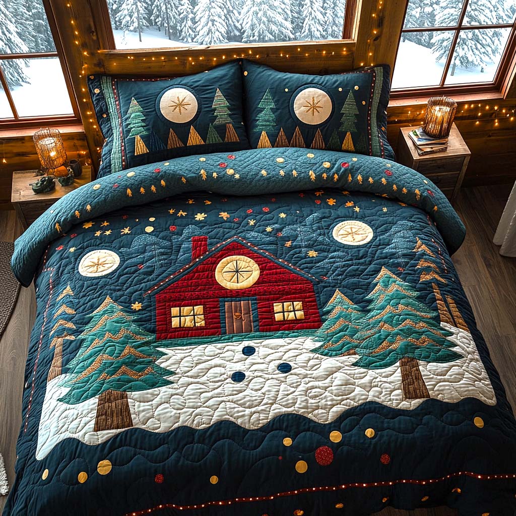 Cozy Christmas Town quilted 3-piece bedding set on a made bed with two matching pillow shams