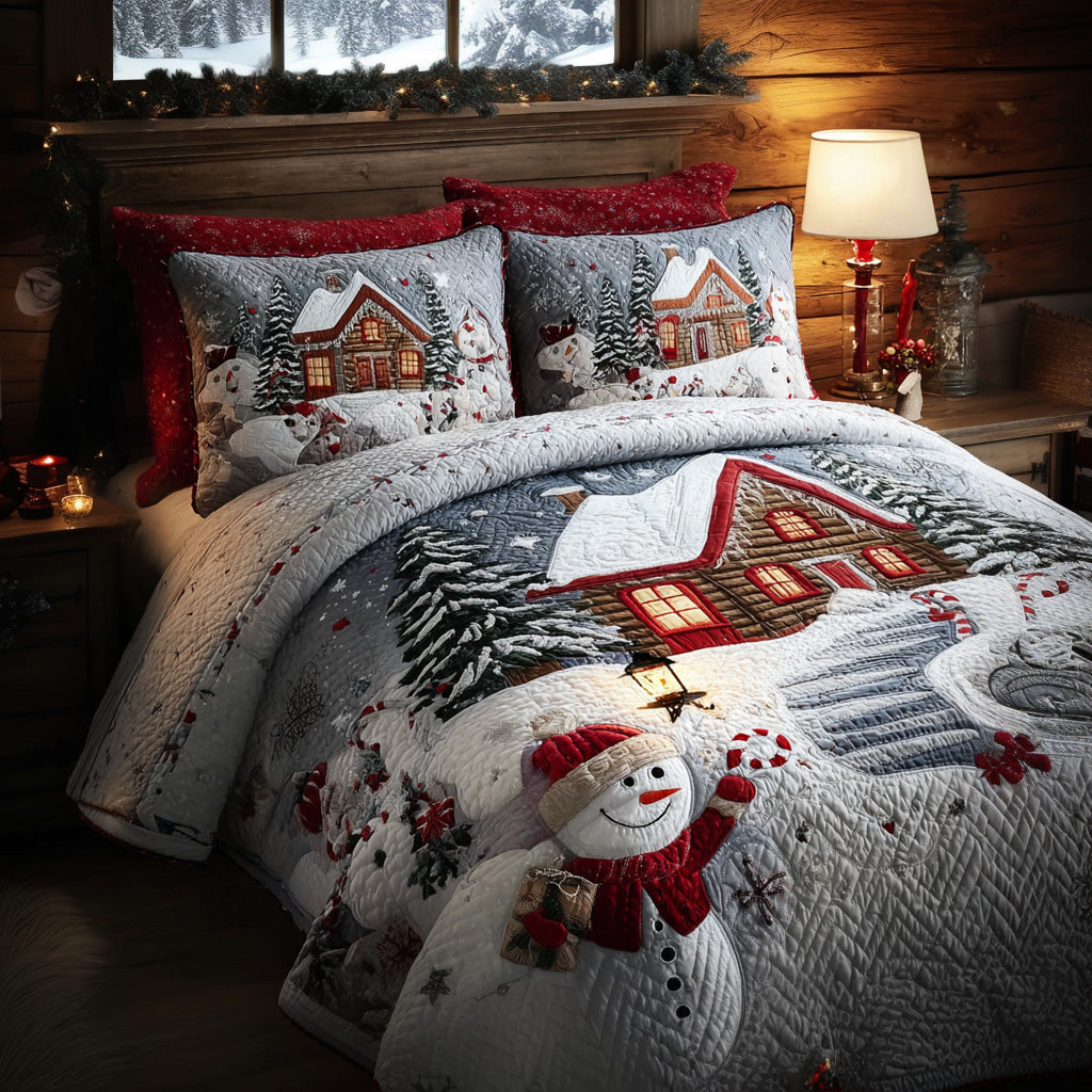 Cozy Cottage Cabin quilted 3-piece bedding set on a made bed with two matching pillow shams