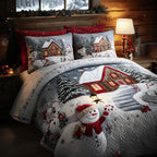 Cozy Cottage Cabin quilted 3-piece bedding set on a made bed with two matching pillow shams