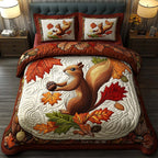 Cozy Critter Woods quilted 3-piece bedding set on a made bed with two matching pillow shams
