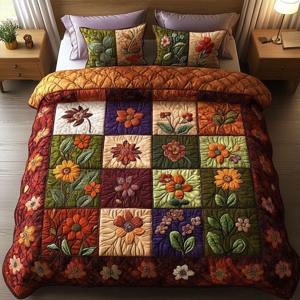 Cozy Floral quilted 3-piece bedding set on a made bed with two matching pillow shams