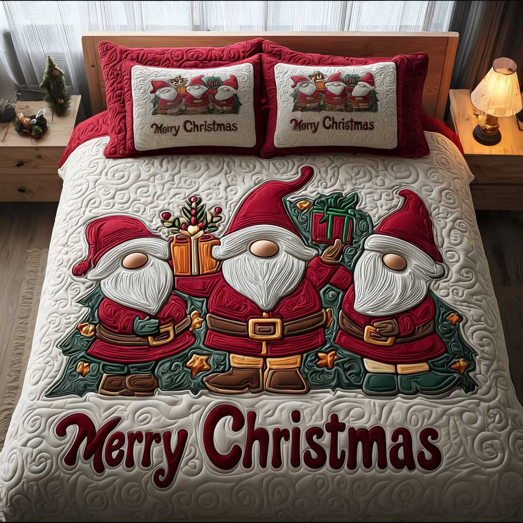 Cozy Gnome Haven quilted 3-piece bedding set on a made bed with two matching pillow shams