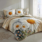 Cream Daisies quilted 3-piece bedding set on a made bed with two matching pillow shams