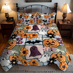 Creepy Corners quilted 3-piece bedding set on a made bed with two matching pillow shams