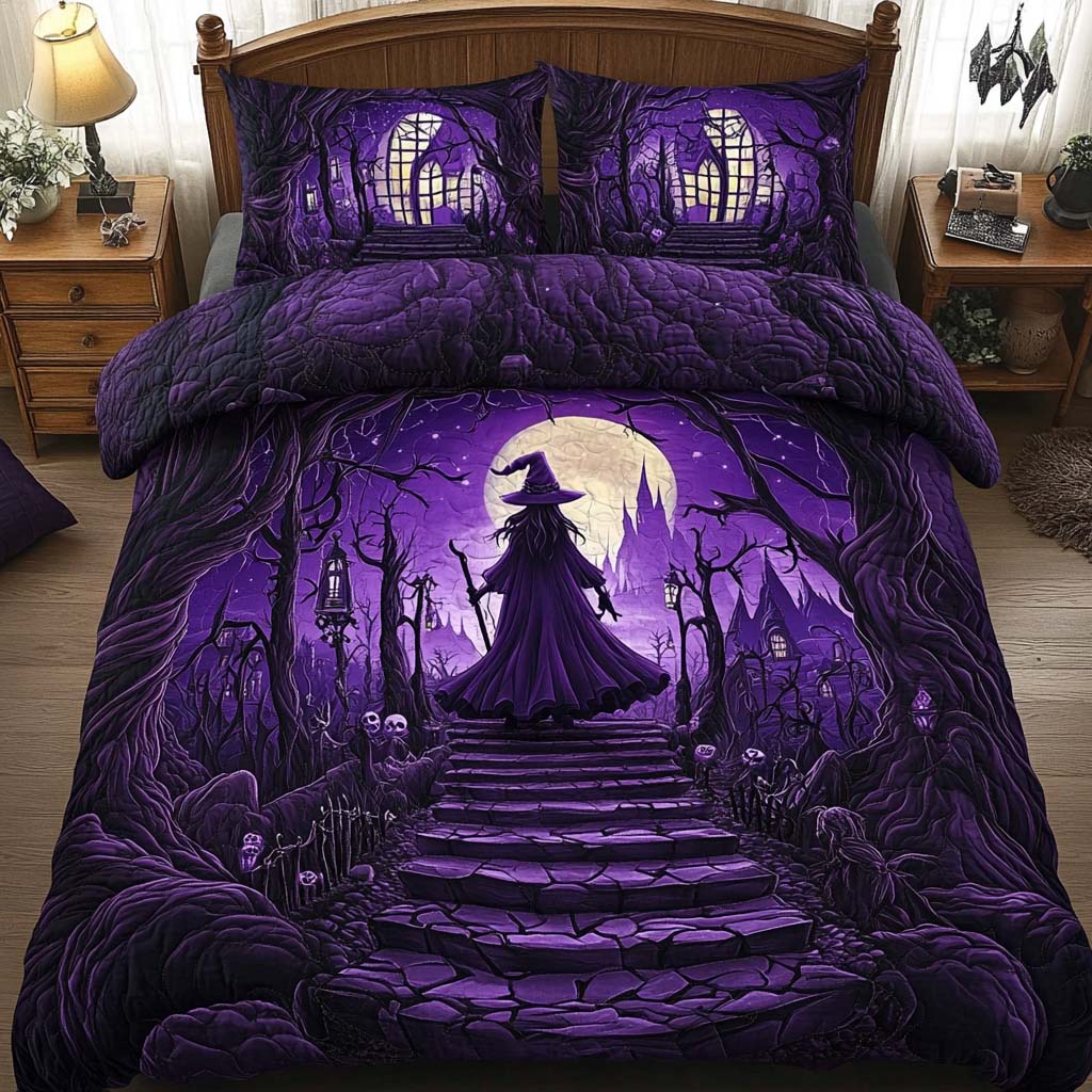 Creepy Moon quilted 3-piece bedding set on a made bed with two matching pillow shams