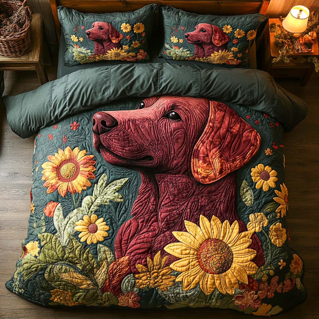 Crimson Bloom Animal quilted 3-piece bedding set on a made bed with two matching pillow shams