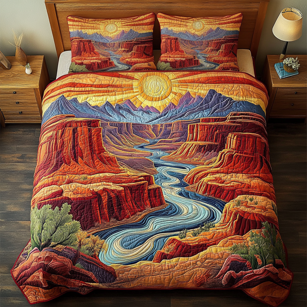 Crimson Canyons quilted 3-piece bedding set on a made bed with two matching pillow shams