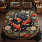 Crimson Koi quilted 3-piece bedding set on a made bed with two matching pillow shams
