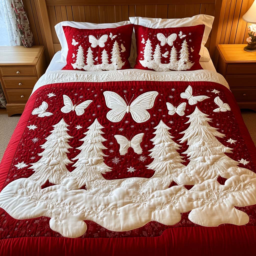 Crimson Serenity Animal quilted 3-piece bedding set on a made bed with two matching pillow shams