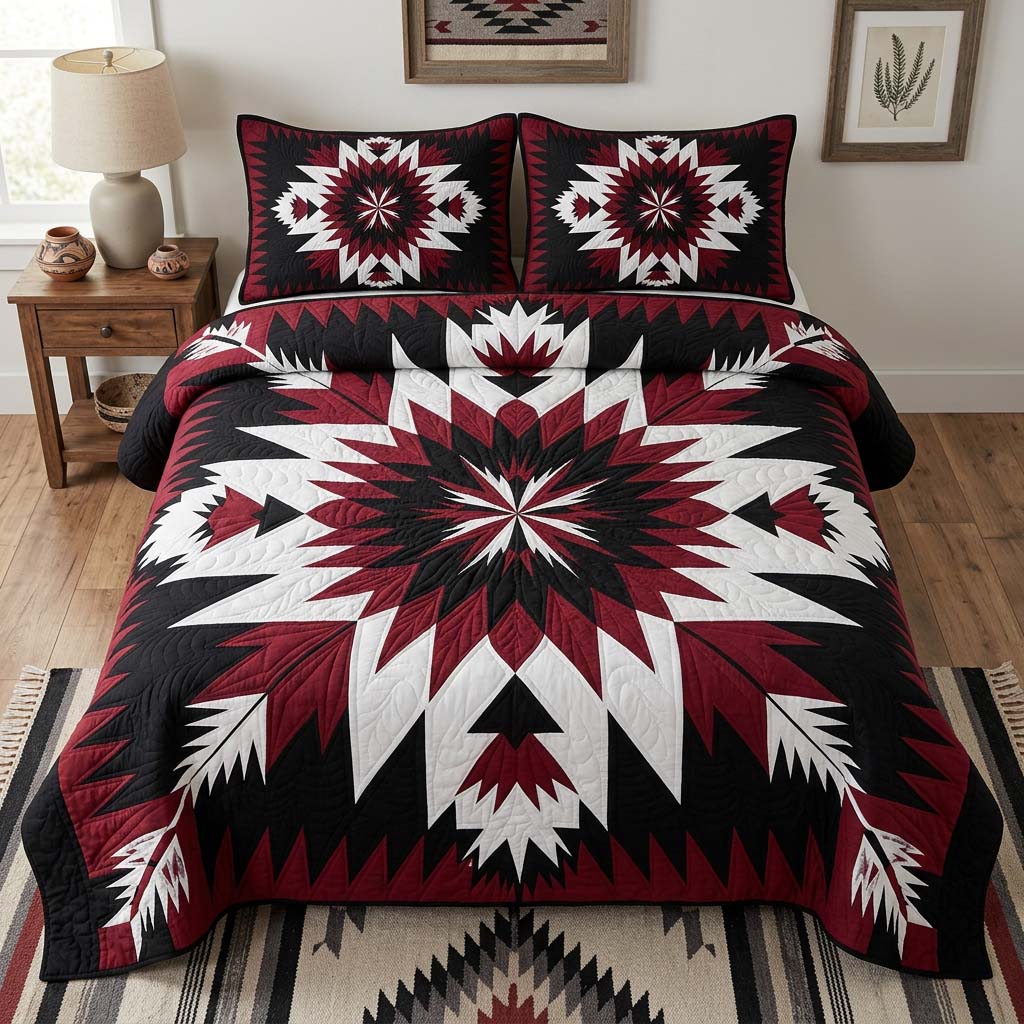Crimson Starburst quilted 3-piece bedding set on a made bed with two matching pillow shams