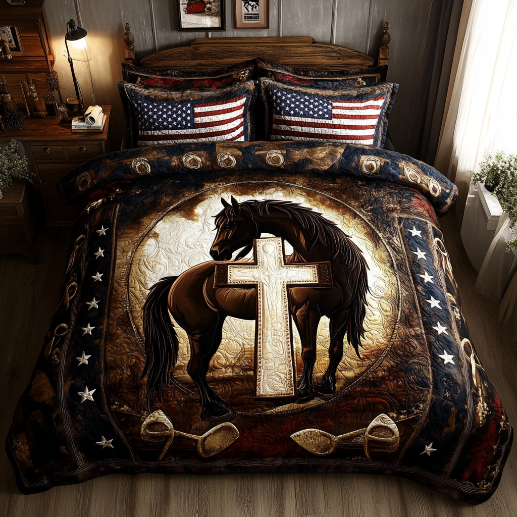Cross Journey quilted 3-piece bedding set on a made bed with two matching pillow shams