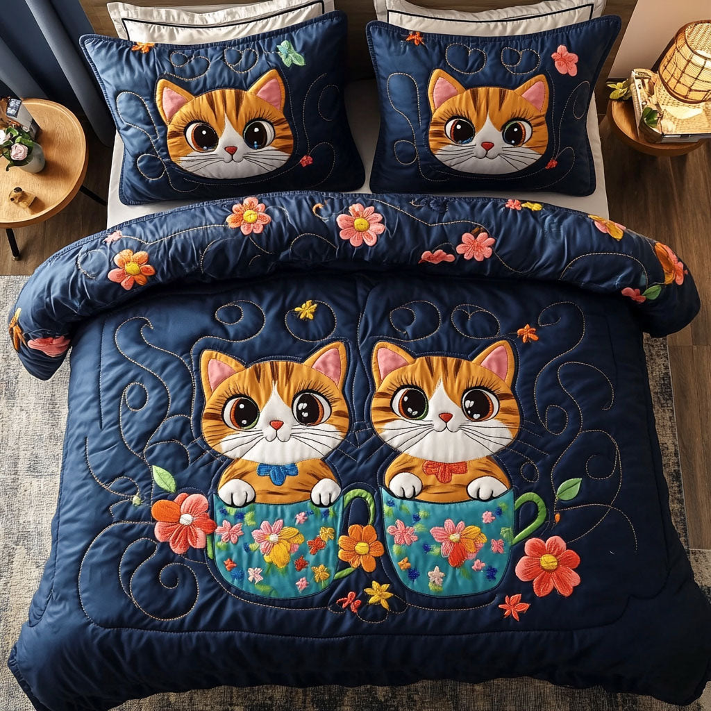 Cup Of Cuteness quilted 3-piece bedding set on a made bed with two matching pillow shams