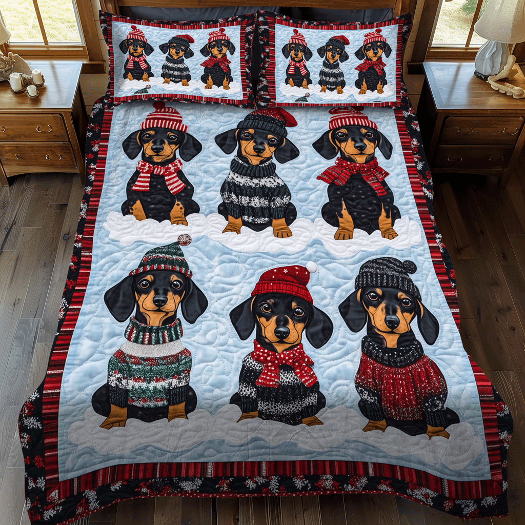 Dachshund Dreams Animal quilted 3-piece bedding set on a made bed with two matching pillow shams