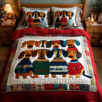 Dachshund Slumber Party quilted 3-piece bedding set on a made bed with two matching pillow shams