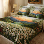 Daisy Dawn quilted 3-piece bedding set on a made bed with two matching pillow shams