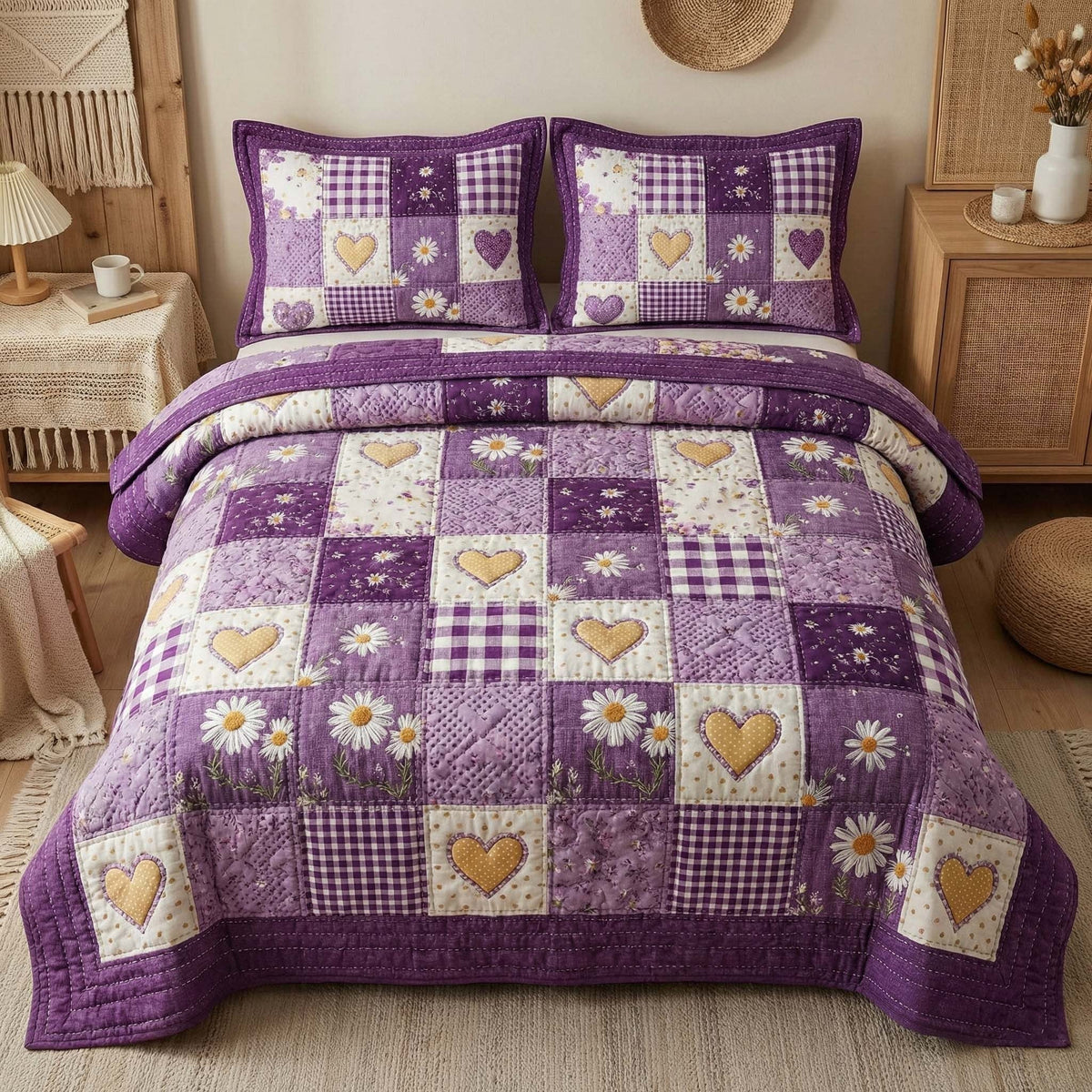 Daisy Hearts quilted 3-piece bedding set on a made bed with two matching pillow shams