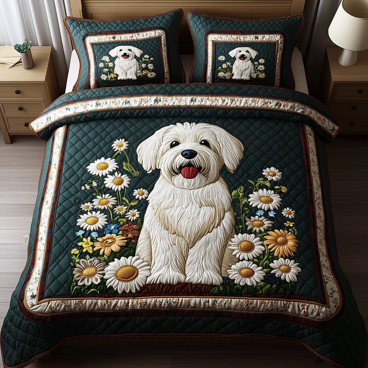 Daisy Maltese quilted 3-piece bedding set on a made bed with two matching pillow shams