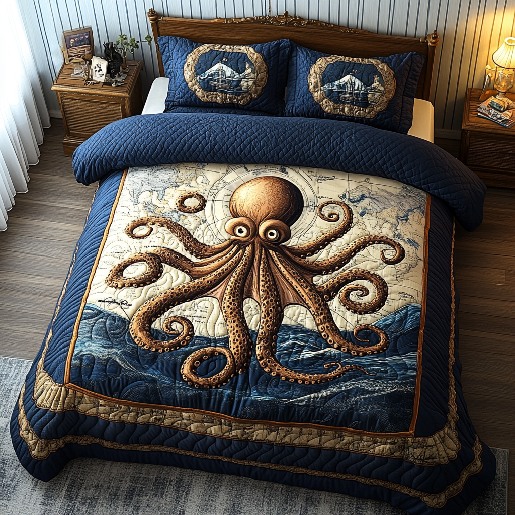 Deep Sea Journey quilted 3-piece bedding set on a made bed with two matching pillow shams